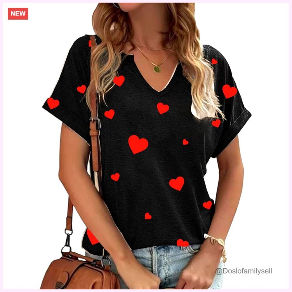 V Neck Love Heart Graphic Tee Short Sleeve Casual Tops Women's Valentine's Day